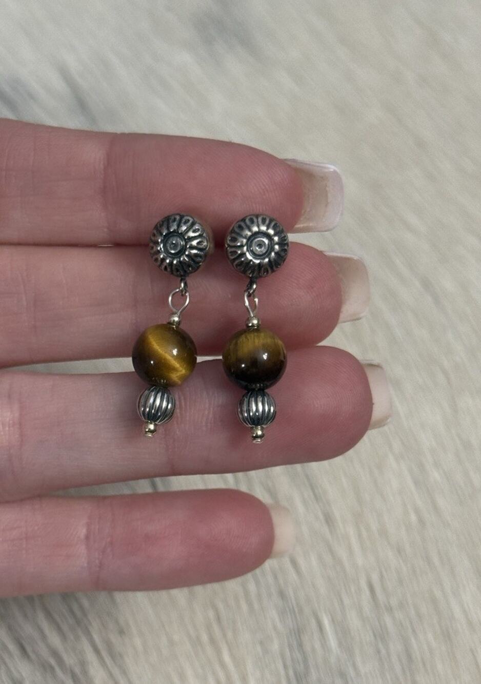 Carolyn Pollack Relios Sterling Silver Navajo Pearl Tigers Eye Dangle Earrings